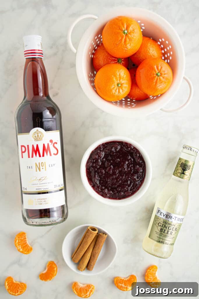 Crimson Pimms Delight 3 Ingredients for Cranberry Pimm’s Cocktail including Pimm’s No.1 bottle, fresh clementines, homemade cranberry sauce, ginger beer bottles, and cinnamon sticks on a elegant marble surface.