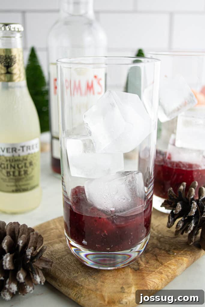 Crimson Pimms Delight 4 Tall glass with cranberry sauce and ice cubes being prepared for a Cranberry Pimm’s Cocktail, showing the initial layering.