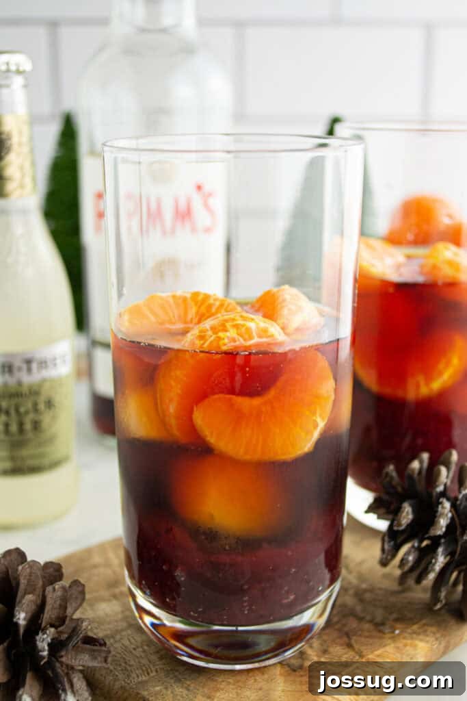 Crimson Pimms Delight 6 Adding peeled clementine slices to the Cranberry Pimm’s Cocktail in a tall glass, showcasing the fruit being placed.