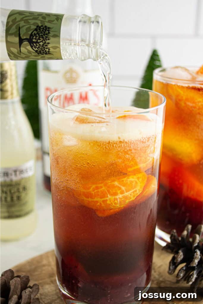 Crimson Pimms Delight 7 Pouring ginger beer over the cranberry, clementine, and Pimm’s mixture to finish the Cranberry Pimm’s Cocktail, creating a fizzy effect.