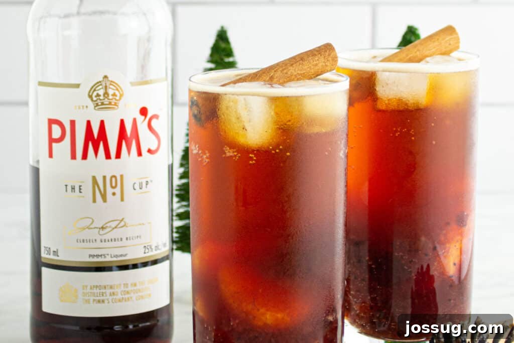 Crimson Pimms Delight 10 Two Cranberry Pimm’s Cocktails with ice and cinnamon sticks beside a Pimm’s No.1 bottle, creating a cozy holiday scene, ready to be enjoyed.