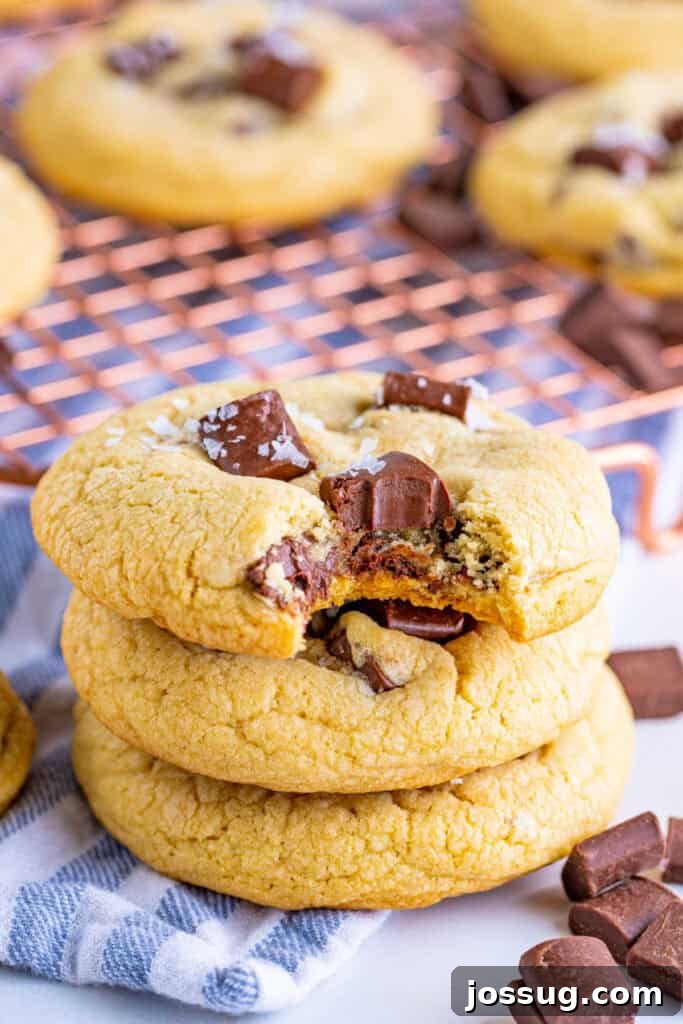 Stack of golden-brown chocolate chunk cookies, with the top cookie bitten to reveal its soft, gooey center filled with abundant melted chocolate chunks.