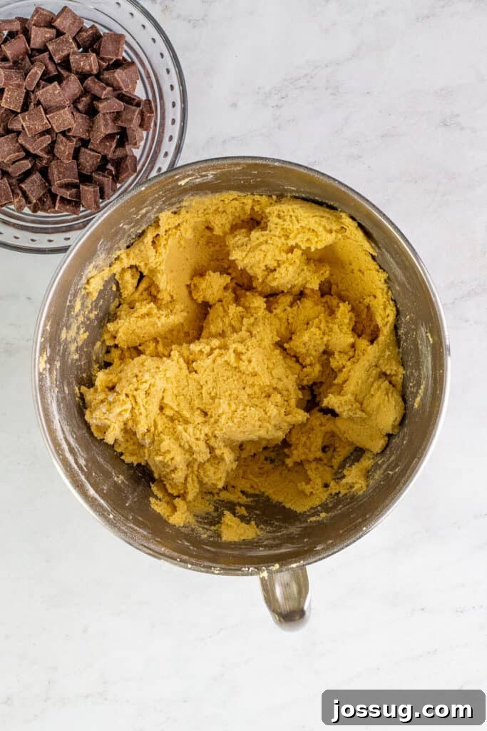 Thick, light golden cookie dough mixed perfectly in a bowl, showcasing its readiness for chocolate chunks.