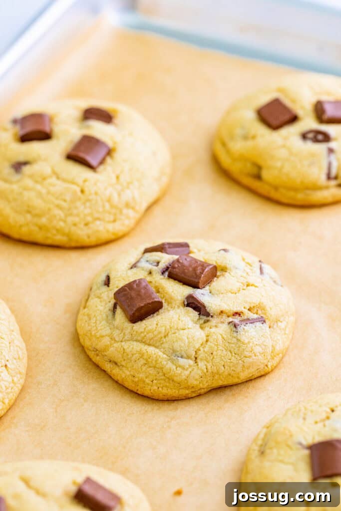 Freshly baked chocolate chunk cookies, golden-brown and still warm, cooling on a parchment-lined baking sheet, showcasing their rich melted chocolate.