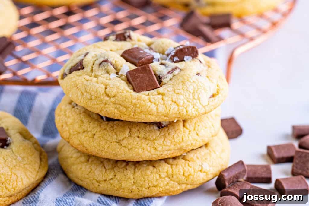 A beautifully arranged stack of three soft chocolate chunk cookies topped with flaky sea salt, resting on a textured cloth with extra chocolate pieces scattered nearby.