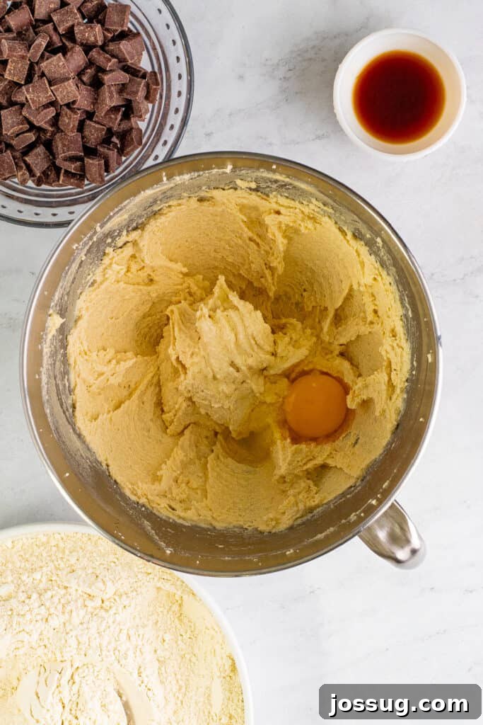 One large egg cracked over the creamed butter and sugar mixture in a mixing bowl, ready to be incorporated.