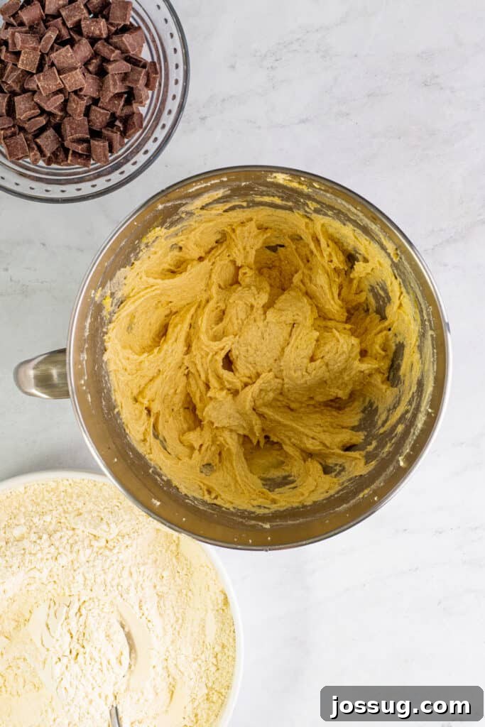 Smooth, well-combined cookie dough in a mixing bowl after eggs and vanilla have been incorporated, showing a cohesive texture.