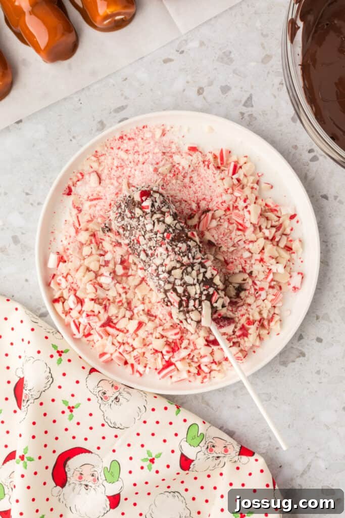 Peppermint Cloud Wands 10 A fully chocolate-dipped marshmallow wand generously covered in crushed peppermint pieces, resting on a plate, with additional peppermint pieces adhering to its still-setting coating, capturing the final decorative step.