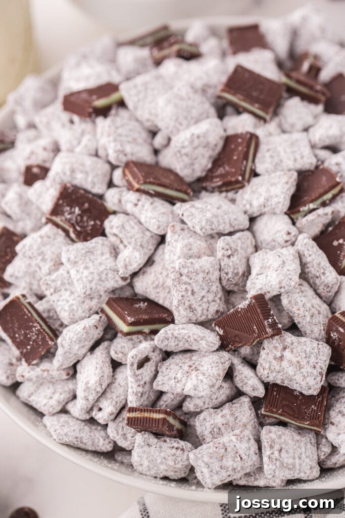 Close up of Thin Mint Muddy Buddies showing the powdered sugar coating and pieces of Andes mints mixed throughout.