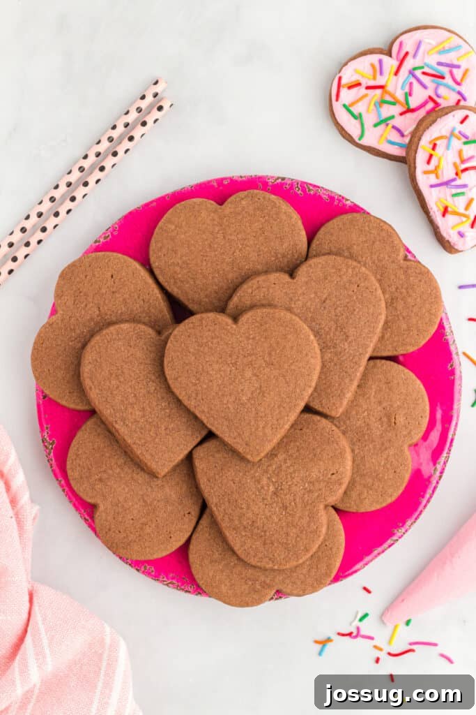 Overhead view of unfrosted heart-shaped chocolate cookies on a pink plate with sprinkles.