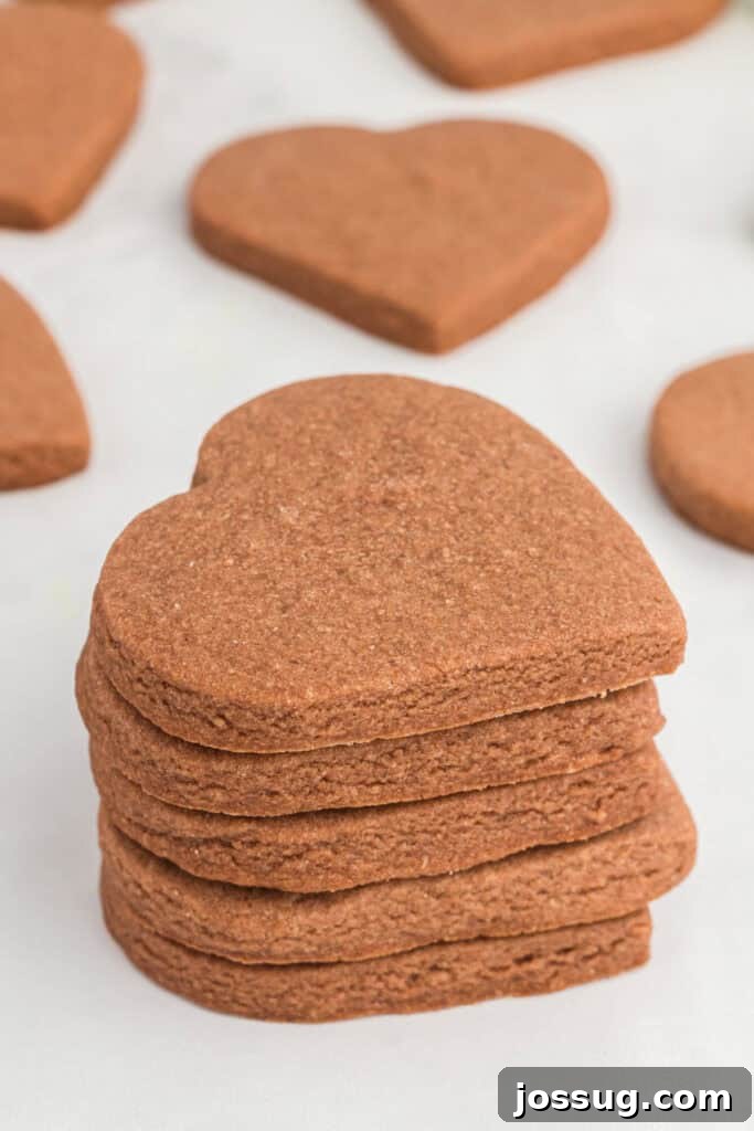 Stack of heart-shaped chocolate cookies.