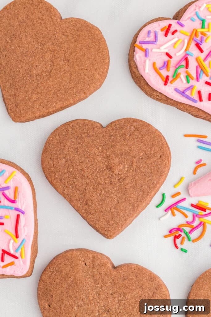 Close view of plain and frosted heart-shaped chocolate cookies.