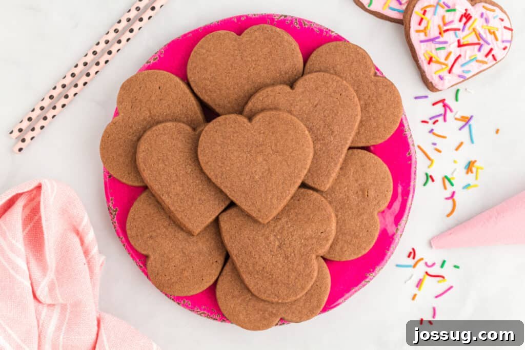 Heart-shaped chocolate cookies on a pink plate with sprinkles and a piping bag.