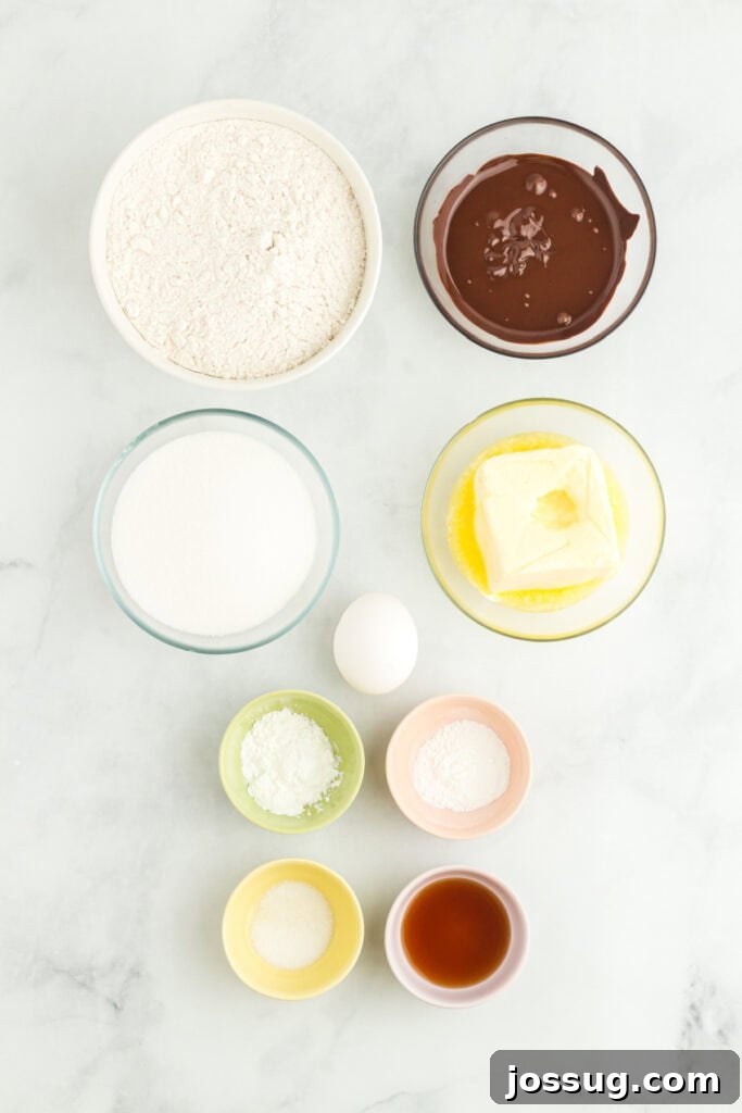 Ingredients for chocolate cookies in small bowls: flour, melted chocolate, sugar, butter, egg, corn starch, baking powder, salt, and vanilla.