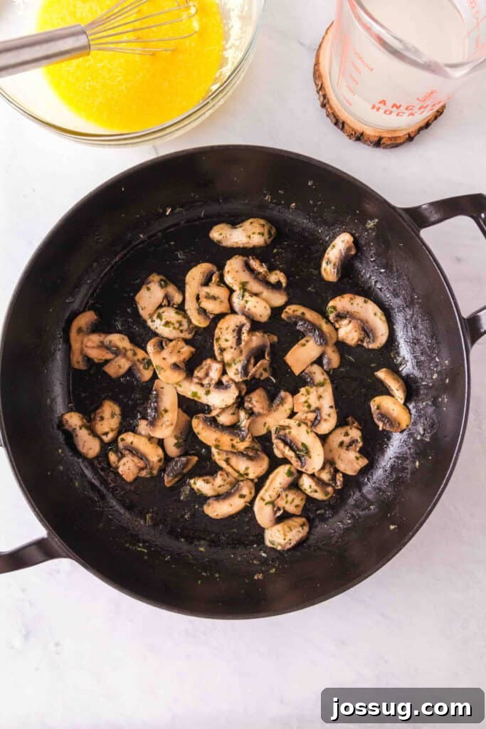 Bacon & Mushroom Carbonara 6 Sautéing mushrooms in a skillet