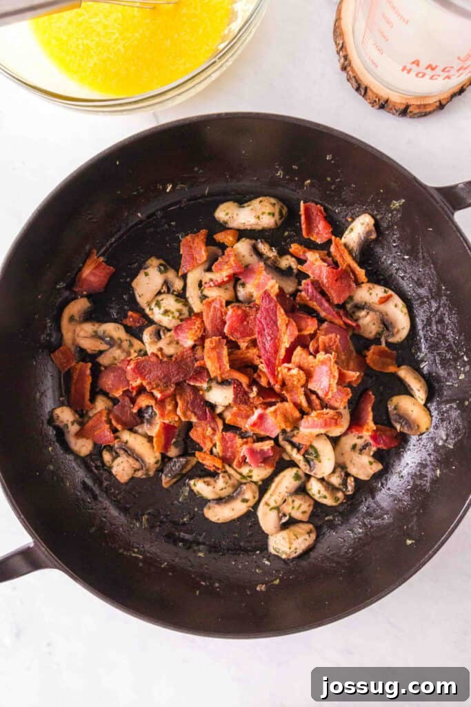 Bacon & Mushroom Carbonara 7 Mushrooms and bacon in skillet