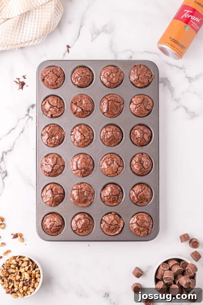 Freshly baked brownie bites still in the mini muffin pan, with cracked tops and ingredients scattered around.