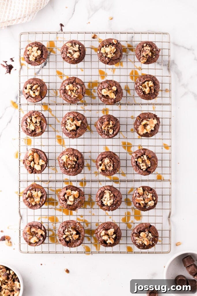 Overhead shot of many turtle brownie bites cooling on a wire rack with caramel drizzled underneath.