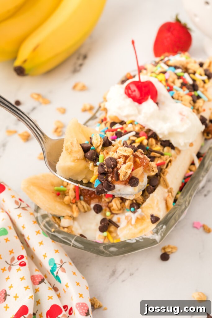 A close-up view of an easy breakfast banana split, highlighting the creamy cottage cheese base and a vibrant mix of healthy toppings.