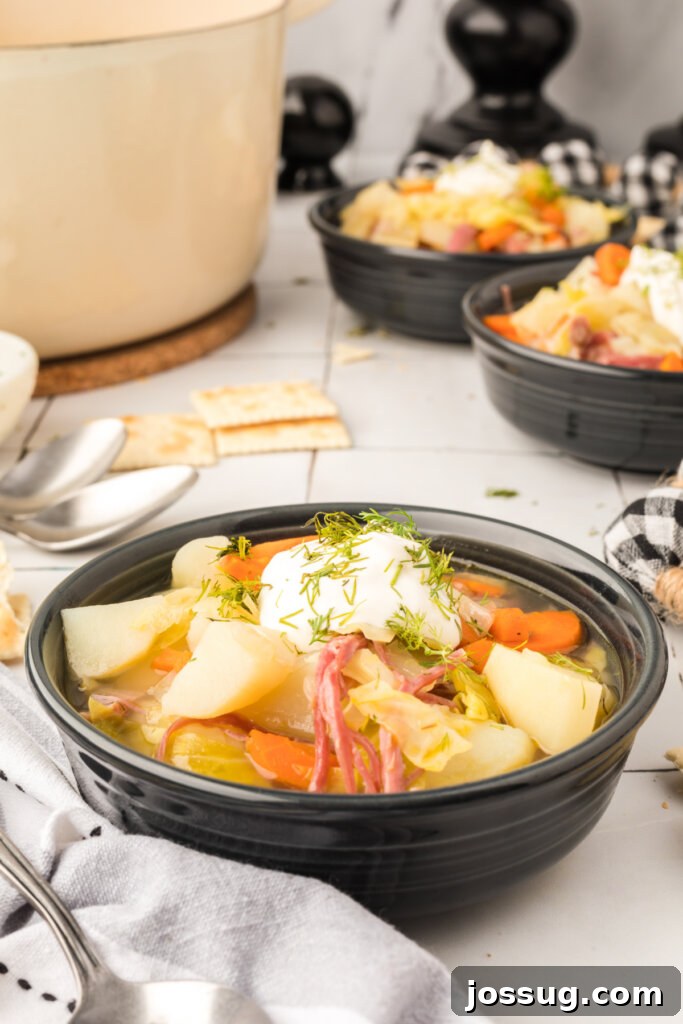 Hearty Corned Beef and Cabbage Soup 2 A steaming bowl of hearty corned beef and cabbage soup, garnished with fresh dill.