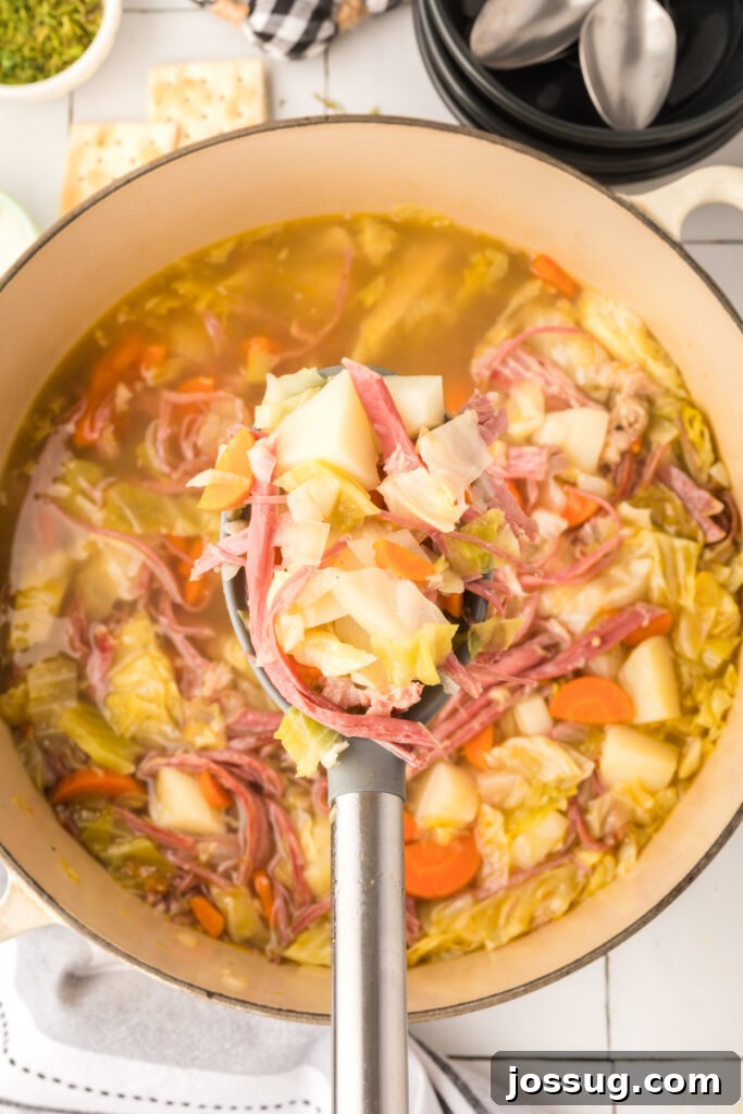 Hearty Corned Beef and Cabbage Soup 3 A large pot filled with rich, simmering corned beef and cabbage soup, ready to be served.