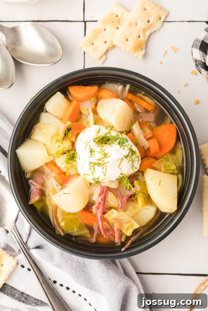 Hearty Corned Beef and Cabbage Soup 5 A top-down view of a bowl of corned beef and cabbage soup, beautifully garnished with a swirl of sour cream and fresh dill sprigs.