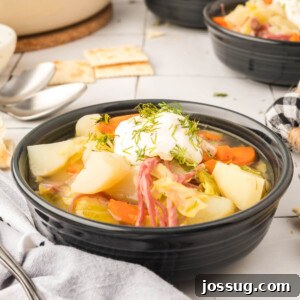 corned beef and cabbage soup in black bowl