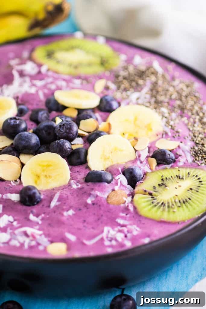 Close-up of the Blueberry Banana Smoothie Bowl, showing intricate fruit and chia seed toppings.