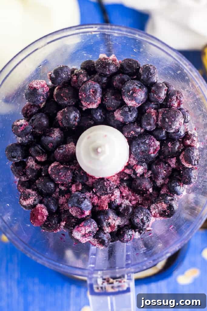 Step 1: Place frozen blueberries in the blender.