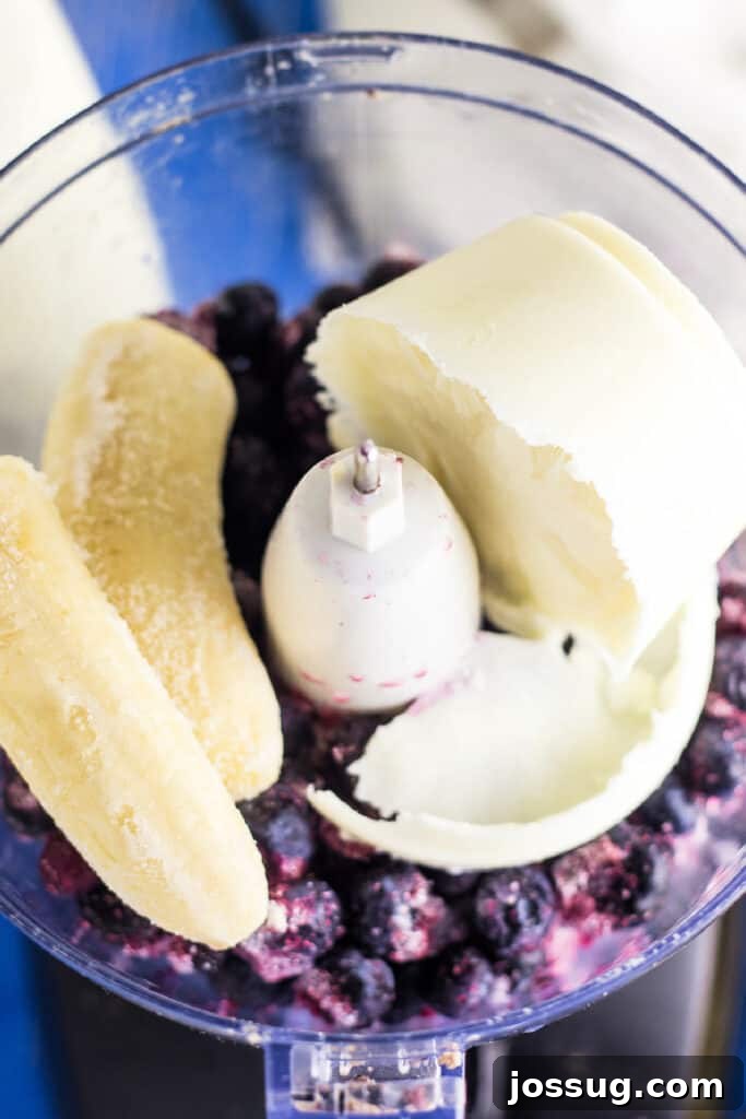 Step 2: Add frozen banana, frozen yogurt, and milk to the blender.
