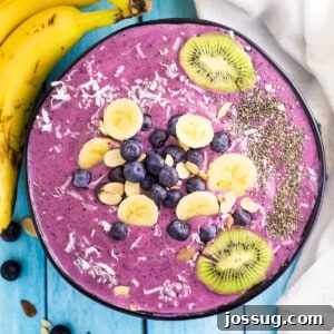 Blueberry Banana Smoothie Bowl garnished with fresh fruit