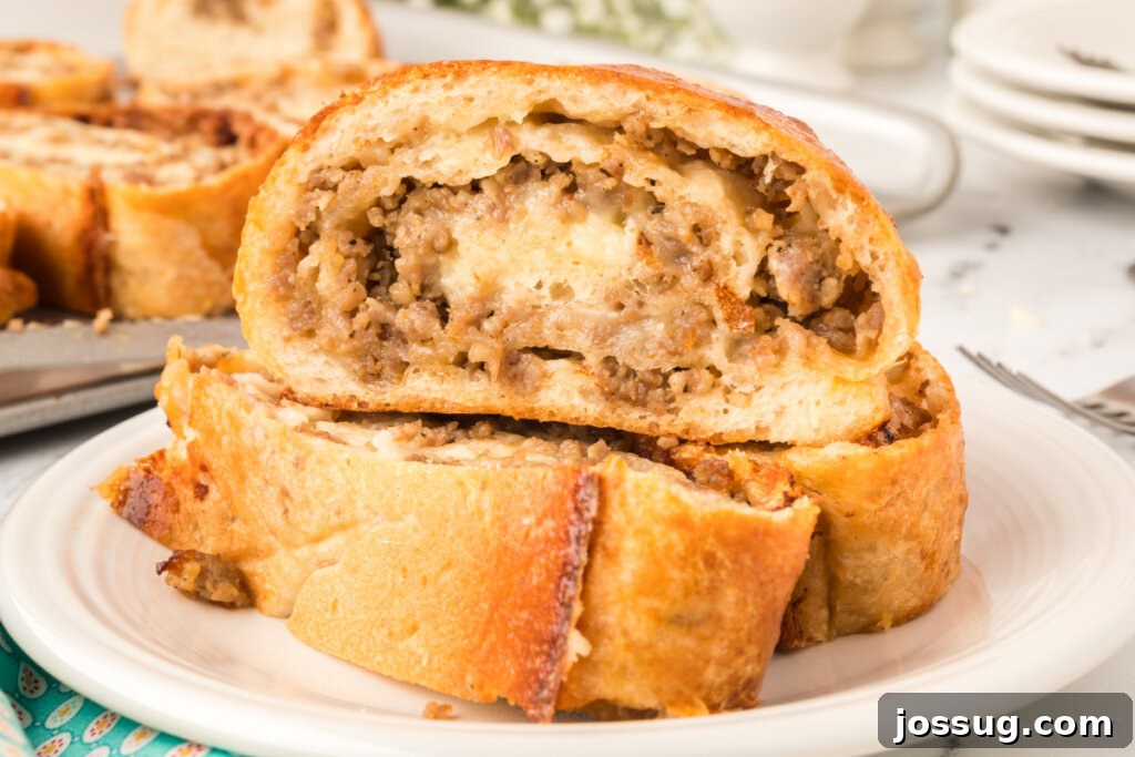 Three perfectly cut slices of sausage bread on a plate, ready to be served.