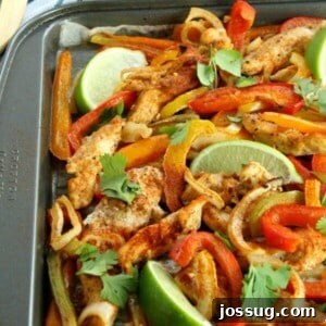 Get dinner on the table quickly with this Sheet Pan Chicken Fajitas recipe! Tender strips of chicken, bell pepper, and onion mingle in a tantalizing array of Mexican flavors. Serve with your favorite garnishments and (an optional) Margarita!