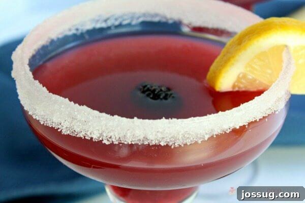 Zesty Blackberry Margarita 5 A single Blackberry Lemonade Margarita in a glass, with fresh fruit garnishes, showcasing the vibrant color.