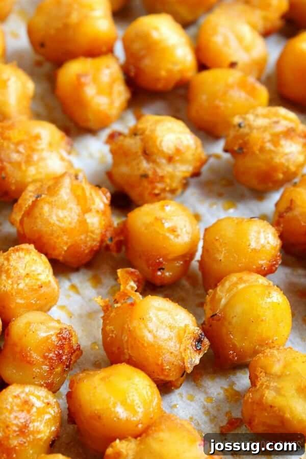 A close-up shot of spicy roasted chickpeas on a baking sheet, showcasing the vibrant seasoning.