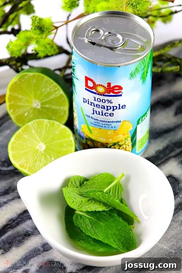 Pineapple Mojito and Virgin Nojito 4 Pineapple Mojito (with Virgin "Nojito" Option) ingredients with limes and Dole Pineapple Juice.