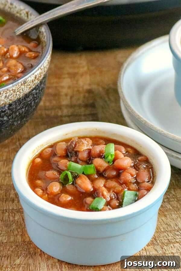 A serving of homemade Instant Pot Baked Beans in a white bowl, garnished with fresh parsley.