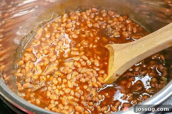 A cooked batch of Instant Pot Baked Beans simmering inside the Instant Pot, with the lid off, before final stirring and serving.