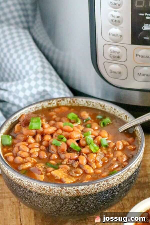 A close-up of a generous serving of Instant Pot Baked Beans in a white bowl with a spoon, highlighting the rich sauce and perfectly tender beans.