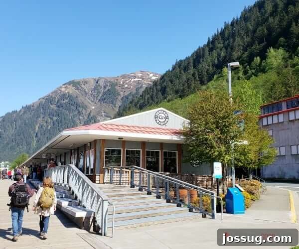 Alaska shopping area with mountains in the background.