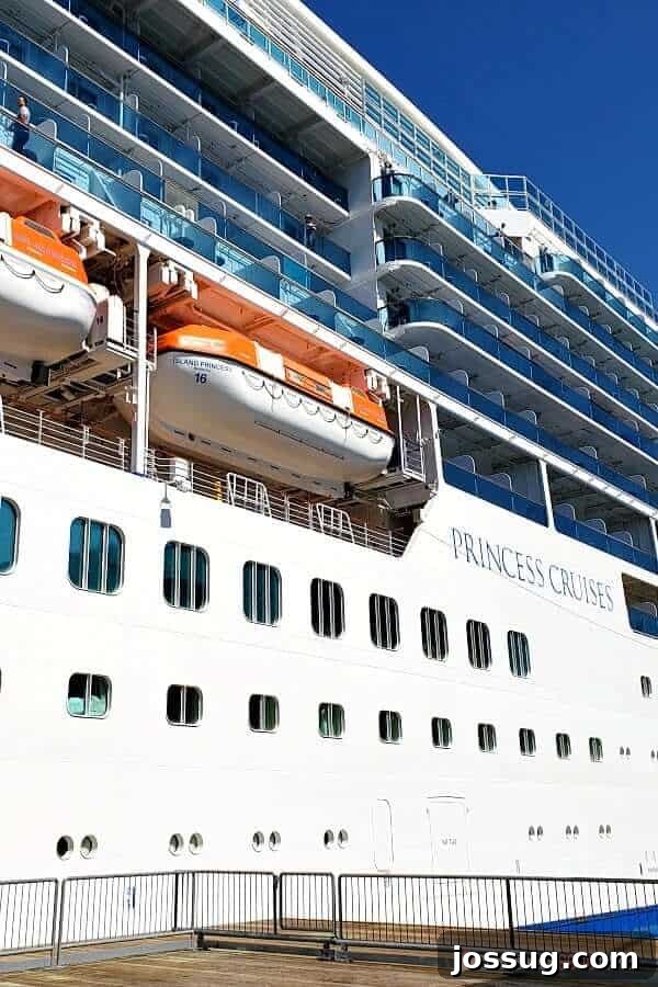 Looking up at a Princess Cruise Line ship from the ground.