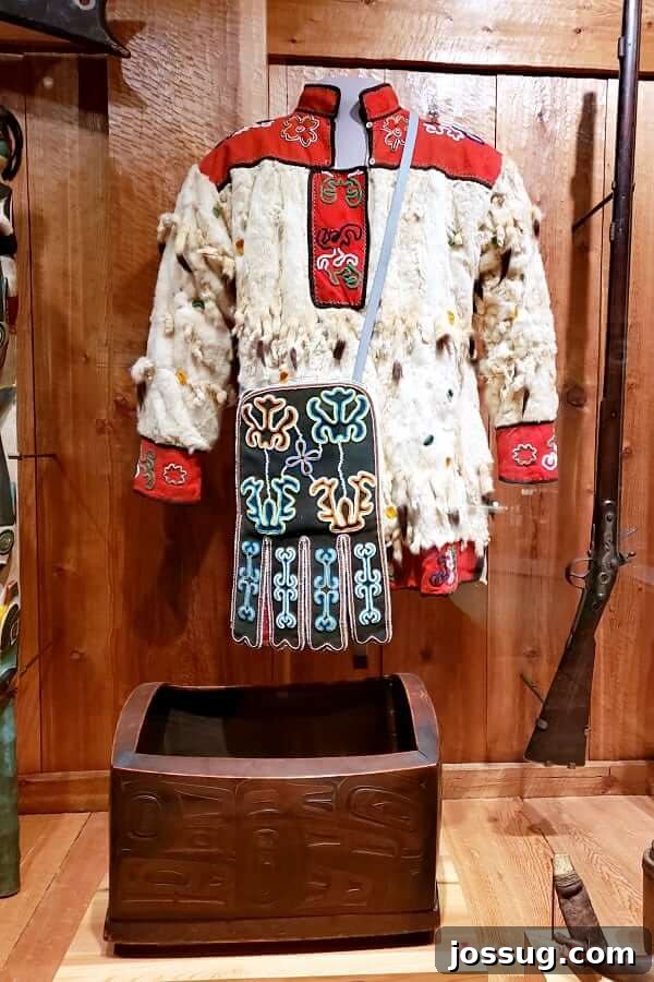 An exhibit of a Native American article of clothing in a museum in Juneau Alaska.