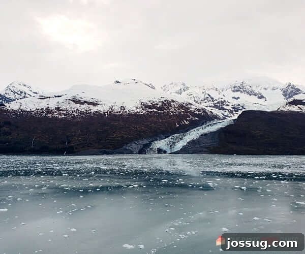 A stunning view of a massive iceberg floating in pristine waters, with snow-capped mountains in the distant background, typical of the breathtaking scenery experienced from a cruise balcony in Alaska.