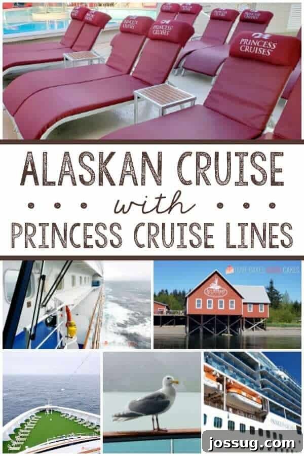 Alaskan Cruise with Princess Cruise Lines collage, showcasing scenic views, ship activities, and delicious food.