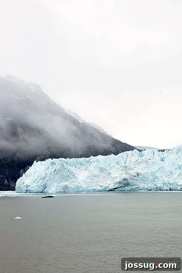 A stunning iceberg gracefully floating in a tranquil body of water, with majestic mountains forming a dramatic backdrop.
