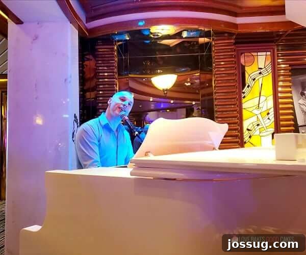 A skilled entertainer plays a piano in a sophisticated bar on a cruise ship, creating a lively atmosphere.