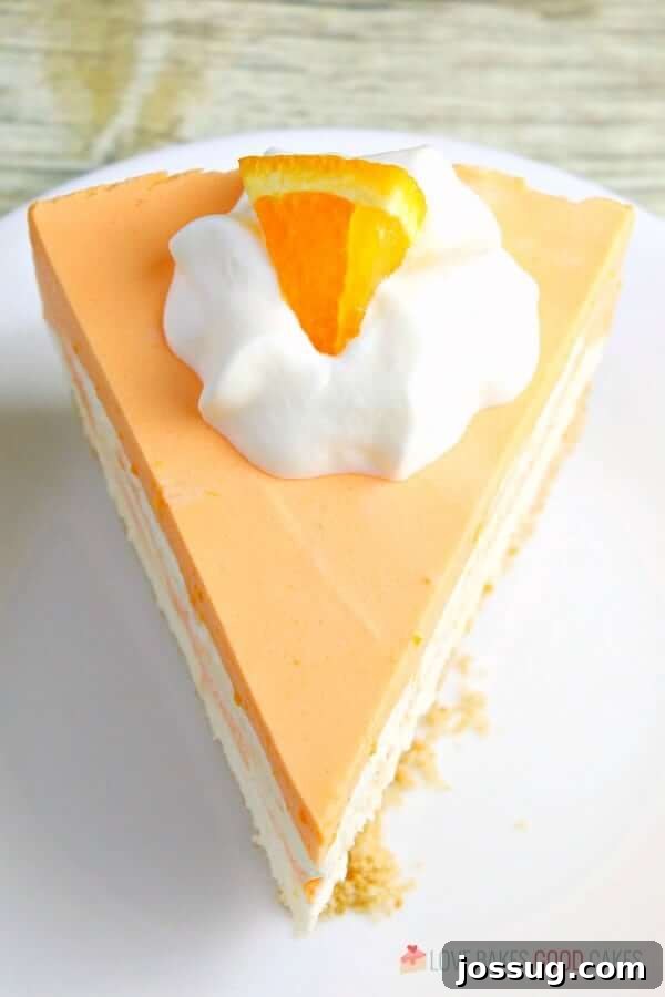 A pristine slice of No-Bake Orange Creamsicle Cheesecake presented on a white plate.
