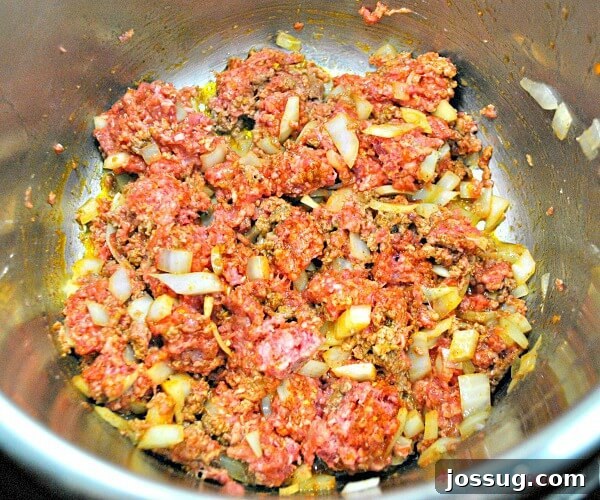Ultimate Instant Pot Mexican Queso Dip 4 Individual ingredients for Instant Pot Mexican Queso laid out in a metal bowl, including raw ground beef, diced white onion, a packet of taco seasoning, a can of Ro*Tel diced tomatoes and green chilies, and a large block of Velveeta cheese cut into cubes, all ready for the cooking process.