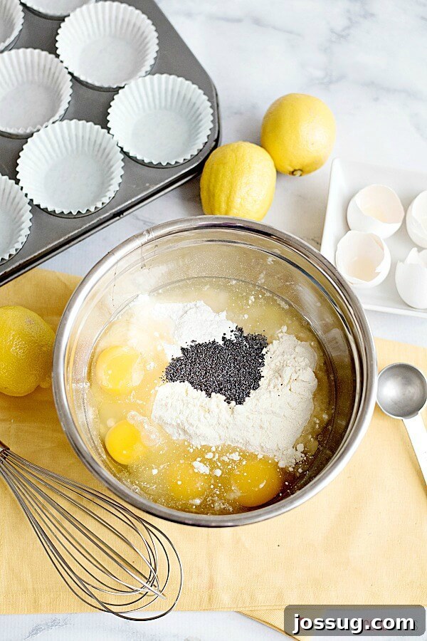 Key ingredients for Lemon Poppy Seed Muffins, including lemon cake mix, instant pudding, eggs, oil, and poppy seeds, gathered in a metal mixing bowl before combining for easy mixing.