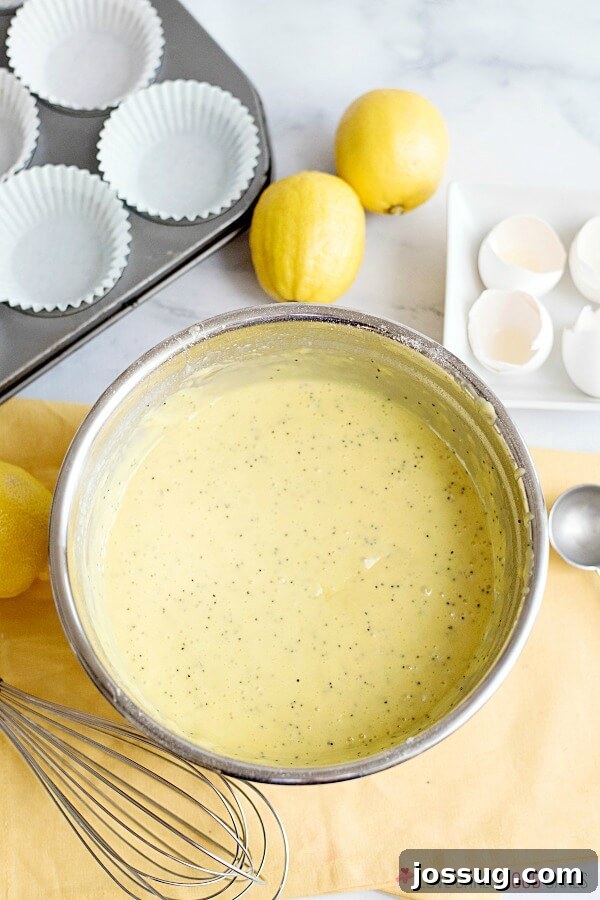Lemon Poppy Seed Muffin batter, perfectly mixed and ready for baking, in a shiny metal mixing bowl, showing the consistency and poppy seeds.